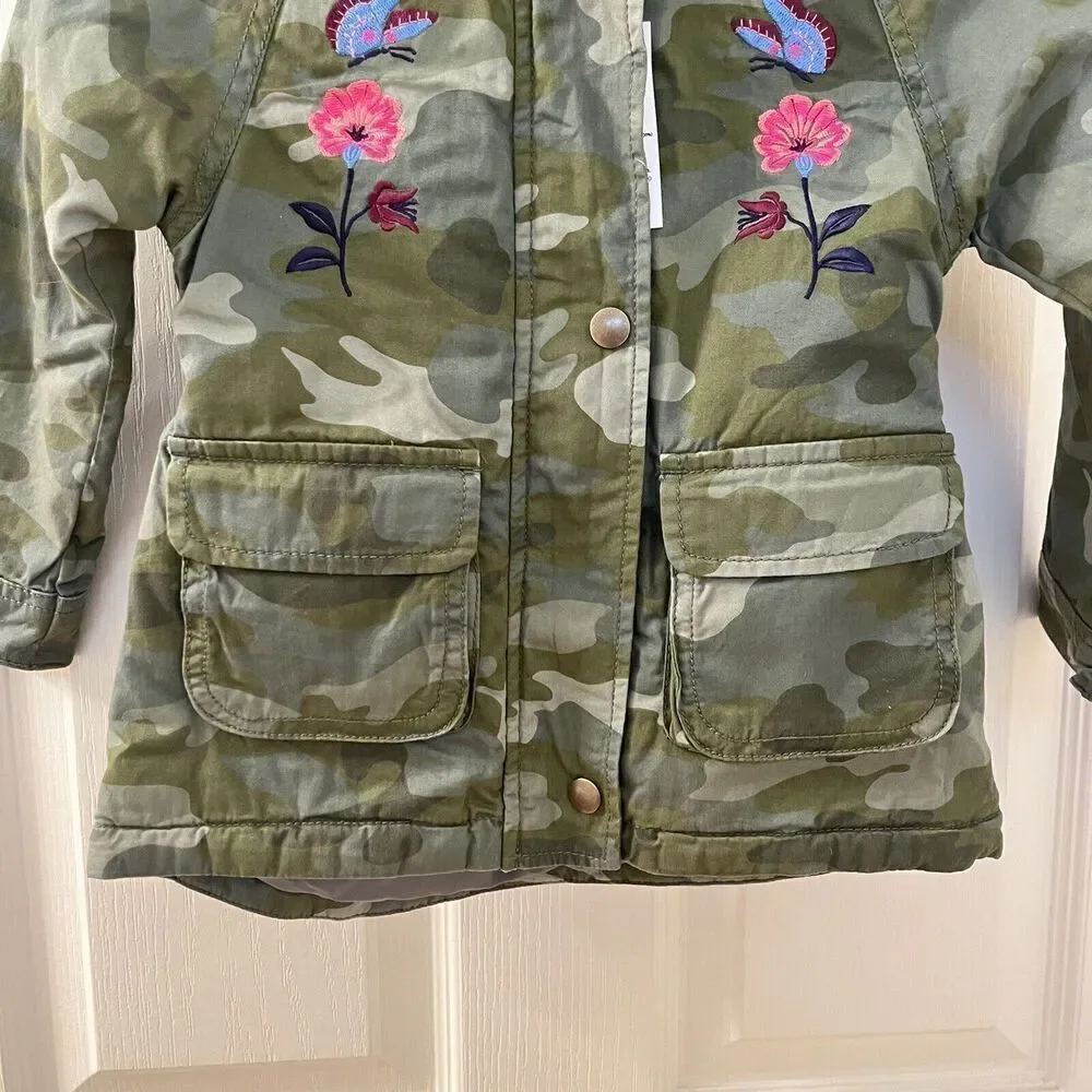 Old Navy Camo Hooded Jacket Floral Butterfly Embroidered Girls Size 4T NWT
